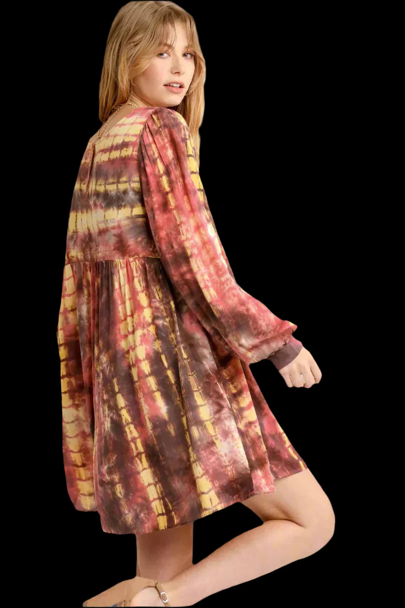 Umgee Full Size Tie Dye Long Sleeve Babydoll Dress with Keyhole plus Size
