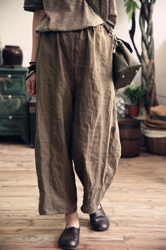 Women Loose Solid Color Ramie Pants Ladies Vintage Elastic Waist Ramie Trousers Female 2020 Summer Pants