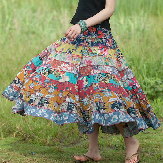 Women Loose Cotton Patchwork Elastic Waist National Style Skirts Ladies Vintage Summer Skirts Female 2022 Spliced Colorful Skirt