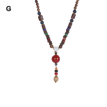 Unisex Handmade Nepal Buddhist Mala Wood Beads Pendant Necklace Boho Hippie Style Ethnic Long Pendant Men Women'S Jewelry Gifts
