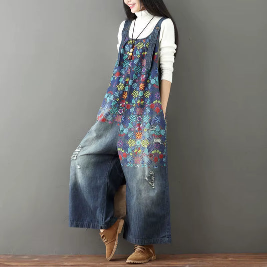 Printed Floral Overall Jeans