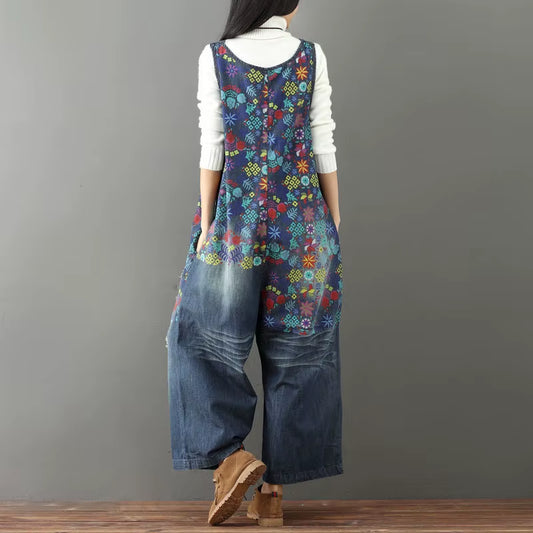 Printed Floral Overall Jeans