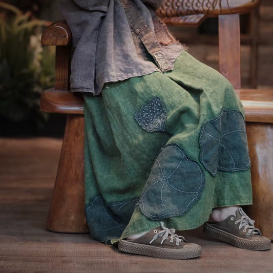High Quality Cotton Linen Long Green Skirt Autumn