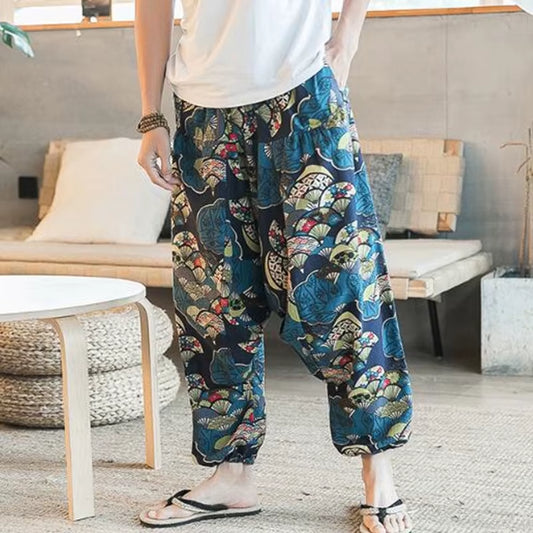 2023 Men Harem Pants Print Retro Drop Crotch Joggers Cotton Trousers Men Baggy Loose Nepal Style Men Casual Pants S-5XL