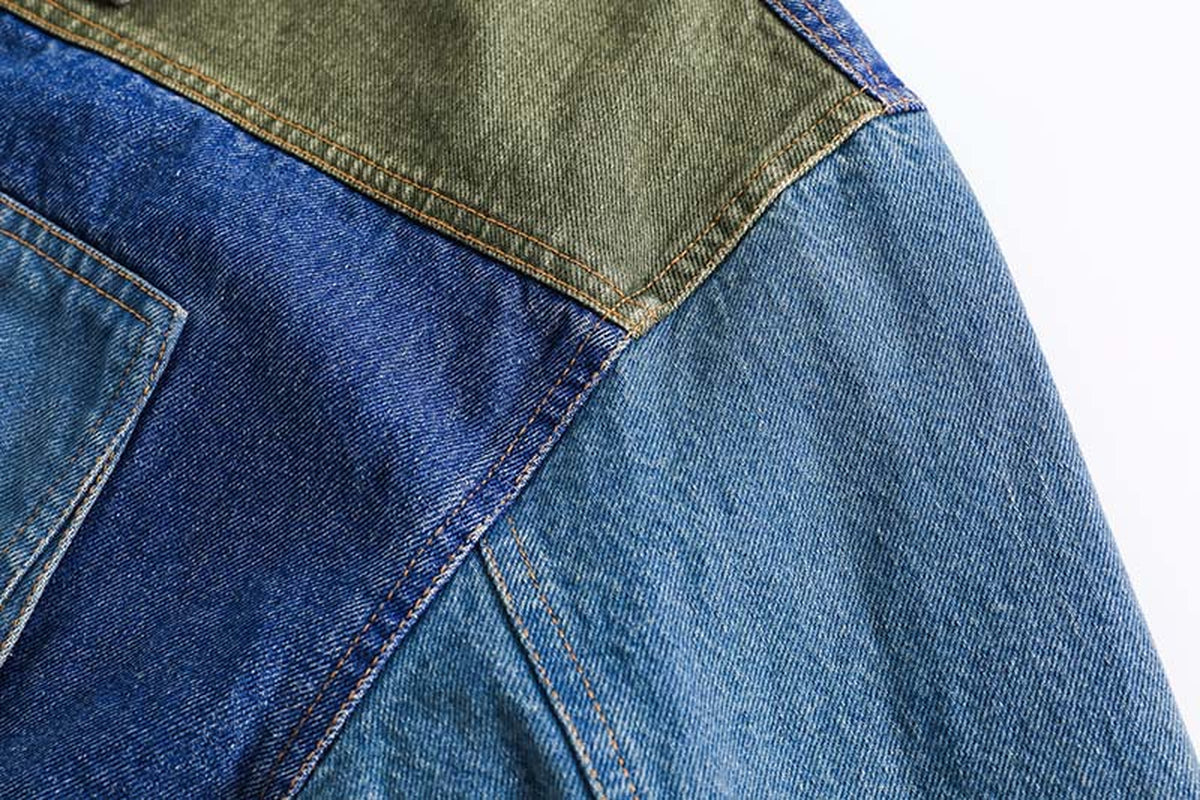 Retro Distressed Loose Leisure Washed-Out Patchwork Denim Jacket