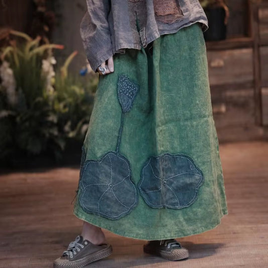 High Quality Cotton Linen Long Green Skirt Autumn