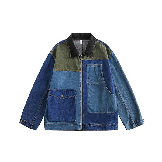 Retro Distressed Loose Leisure Washed-Out Patchwork Denim Jacket