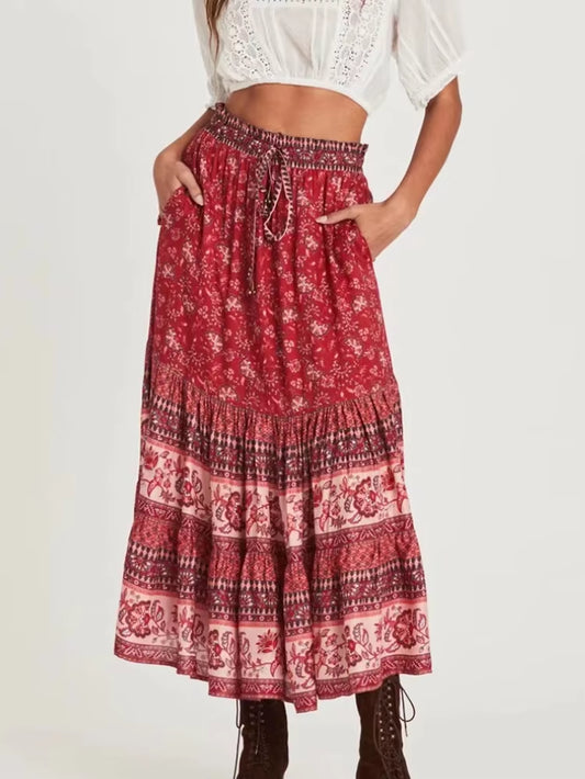 Vintage Chic Hippie Women Floral Peacock Printed High Waist Beach Bohemian Skirts Ladies Rayon Cotton A-Line Midi Boho Skirt