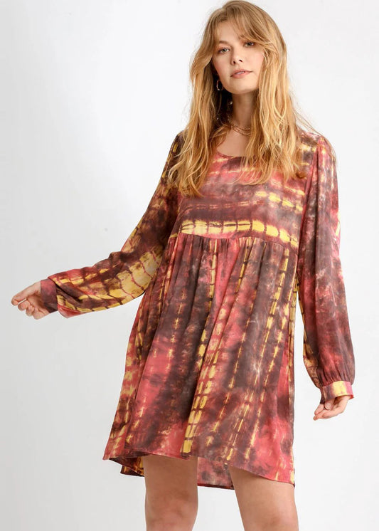 Umgee Full Size Tie Dye Long Sleeve Babydoll Dress with Keyhole plus Size