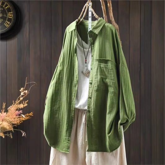  Cotton Turn-Down Collar Long Sleeve Blouse